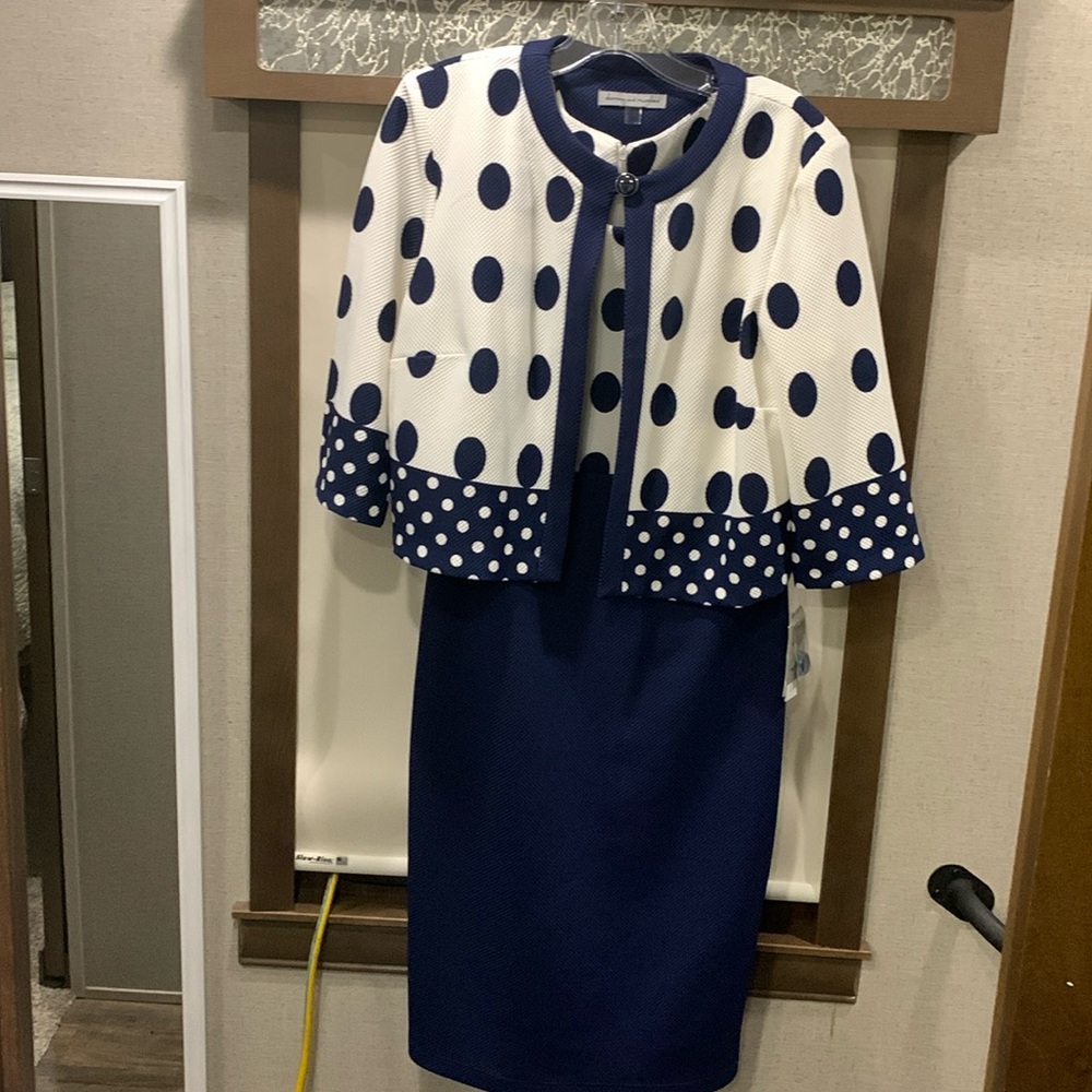 Danny & Nicole Dress W/Jacket Size 14 NEW Blue & Ivory W/Dots sleeveless Beauty